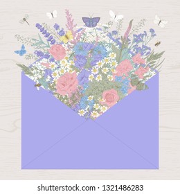 Summer bouquet. Rustic. Meadow and garden flowers. Vector vintage illustration. Violet envelope