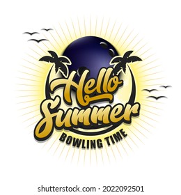 Summer bowling logo. Hello summer. Bowling time. Pattern for design poster, logo, emblem, label, banner, icon. Bowling template on isolated background. Vector illustration