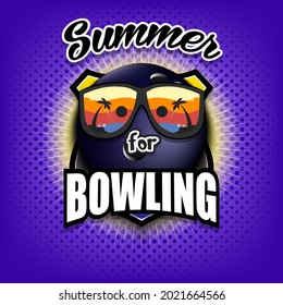 Summer bowling logo. Summer for bowling. Pattern for design poster, logo, emblem, label, banner, icon. Bowling template on isolated background. Vector illustration