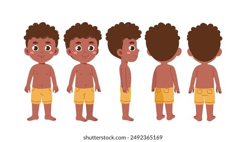 Conjunto de constructores de verano. Chico en un país tropical. Paquete de caracteres en diferentes ángulos de visualización. Elementos de diseño para crear animaciones. Niño en pantalones cortos amarillos. Colección de Vector plano