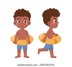 Conjunto de constructores de verano. Niño en salvavidas amarillo. Paquete de caracteres en diferentes ángulos de visualización. Elementos de diseño para crear animaciones. Niño en pantalones cortos azules. Colección de Vector plano