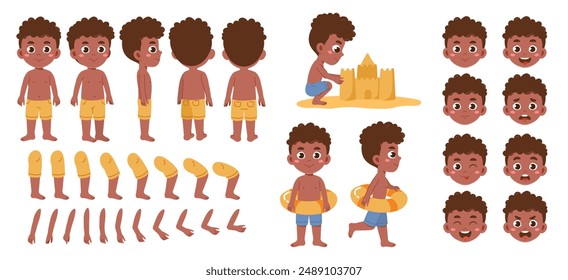 Summer boy constructor set. Boy play at sand beach. Kid in different poses and angle of views. Legs, arms and heads to create animation. Flat vector collection isolated on white background