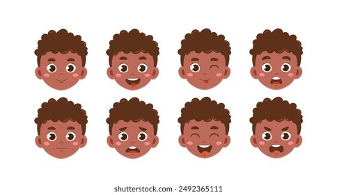 Summer boy heads set. Kid with different emotions. Pack of characters with various feelings. Design elements for creating animations. Happy and cheerful child. Flat vector collection