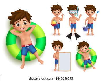 Summer boy kid vector character set. Young kids doing summer outdoor activities like swimming, floating in buoy and playing isolated in white. Vector illustration.
