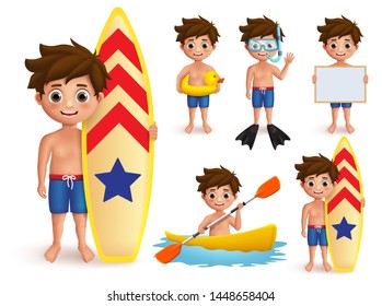 Summer boy kids vector character set. Beach boy with summer day outdoor activities like surfing, snorkeling and boating isolated in white. Vector illustration.

