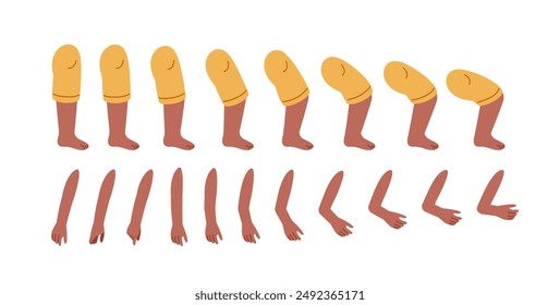 Summer boy legs and arms set. Feet and hands. Pack of legs in arms. Design elements for creating animations. Holiday and vacation. Kid in tropical country. Flat vector collection