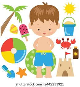 Niño de verano en la playa ilustración vectorial de dibujos animados