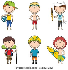 Summer boys set including volleyball player, swimmer, roller, surfer and hiker