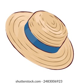 A summer braided hat with a blue ribbon. A beach straw hat. Illustrated vector clipart.