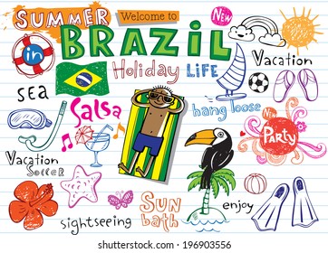 Summer in Brazil - doodles collection - vacation, football, Brazilian accessories, clothes, trees, musical instruments, animals. For banners, backgrounds, presentations. 