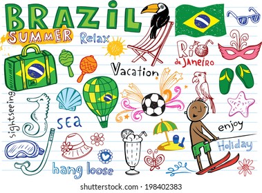 Summer in Brazil - doodles collection - vacation, football, Brazilian accessories, clothes, trees, musical instruments, animals. For banners, backgrounds, presentations. 