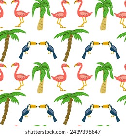 Summer brazil tropical bird toucan and flamingo pattern. Vector illustration can used for textile, print, poster, cards. 