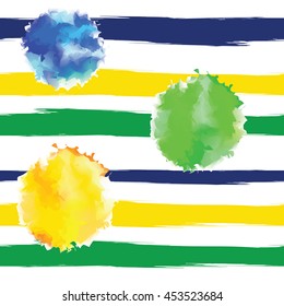 Summer Brazilian Flag Colors Seamless Pattern Background With Stripes and Watercolor Splashes