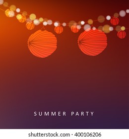 Summer or Brazilian june party, vector illustration background with garland of lights and paper lanterns