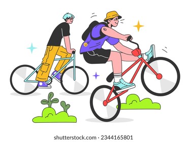 Actividad de vacaciones de verano. Estilo de vida saludable y activo. Los jóvenes personajes adolescentes salen afuera, montando una bicicleta juntos. Viaje en bicicleta con amigos. Ilustración vectorial plana