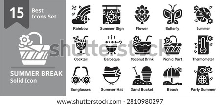 Summer Break icon set. Includes beach vacation, tropical travel, leisure activity and More. Solid icons vector collection.