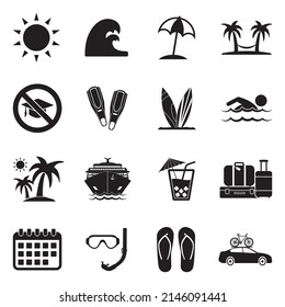 Summer Break Icons. Black Flat Design. Vector Illustration.