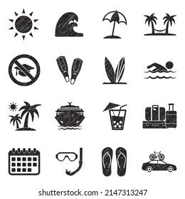 Summer Break Icons. Black Scribble Design. Vector Illustration.