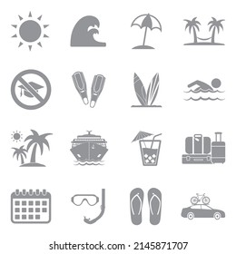 Summer Break Icons. Gray Flat Design. Vector Illustration.