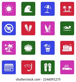 Summer Break Icons. White Flat Collection In Square. Vector Illustration.