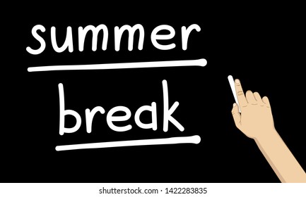summer break inscription on blackboard, hand holding chalk 