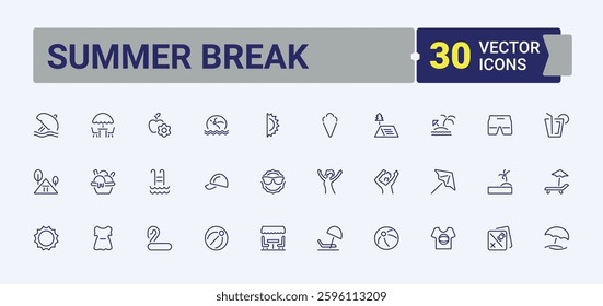 Summer Break simple icon. Included plane, ball, mask, ice, Vacation, Tourism, tree, vacation, travel. Summer icon pack. Thin linear style icons. Minimalistic icon collections.
