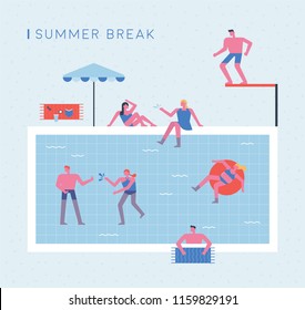 summer break swimming pool. flat design style vector graphic illustration set