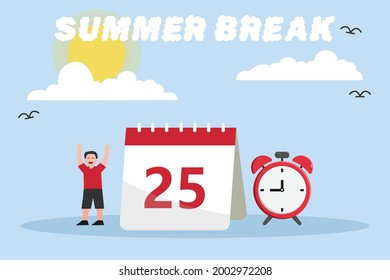 Summer break vector concept: Little boy feeling happy with summer break text on the sky while raising his hands 