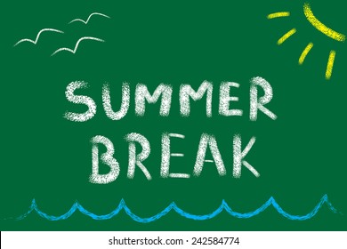 Summer break written with white chalk on a green chalkboard with sun and seagulls, vector illustration