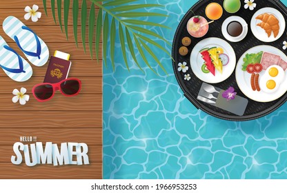 Summer breakfast in swimming pool, floating breakfast in tropical resort and flower with elements paper cut craft style on color background.