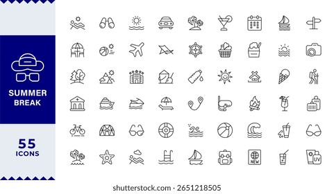 Summer Break,Summer, vacation, beach elements Editable Icons set. Vector illustration in modern thin line style of travel related icons: sea, surfing, beach, hotel, 