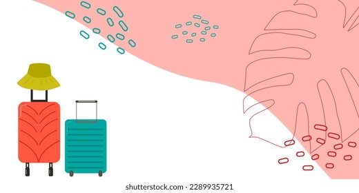 Summer bright abstract background for the poster. Horizontal, with plants, palm leaves, dots. Wallpaper design for posters, screensavers. Vector illustration.
