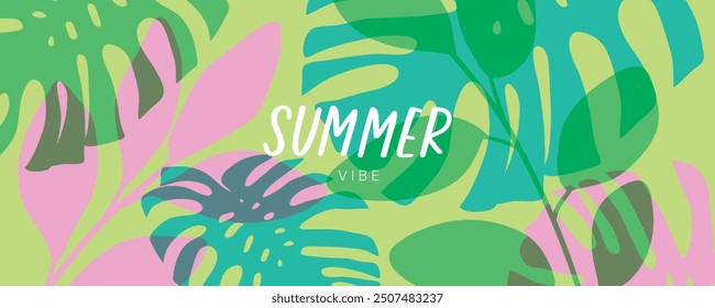 Summer bright background with abstract tropical leaves. Modern art minimalist style design templates for celebration, ads, branding