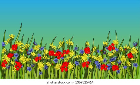 Summer bright background with dandelion and poppies