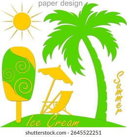 Summer bright background design. Colored vector image in paper cut style.