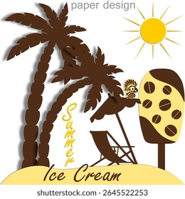 Summer bright background design. Colored vector image in paper cut style.