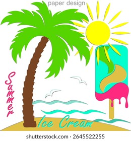 Summer bright background design. Colored vector image in paper cut style.