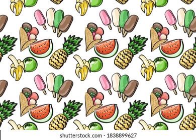 Summer bright background with fruits and ice cream. Banana, apple, watermelon, pineapple, popsicle. Background for site, application, menu, fabric. Vector seamless pattern.