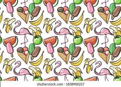 Summer bright background with fruits and ice cream. Banana, apple, watermelon, popsicle, flamingo. Background for site, application, menu, fabric. Vector seamless pattern. White background.