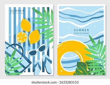 Summer bright background, time to travel. Sea, lifebuoy, beach supplies and tropical palms. Tourism concept, travel and adventure, vacation. Vector illustration for poster, cover, sales
