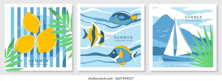 Summer bright backgrounds. Landscape with yacht and mountains, Tropical leaves and lemons, Underwater world with fish, sea, ocean. Tourism concept, travel, wild nature, vacation. Vector illustration

