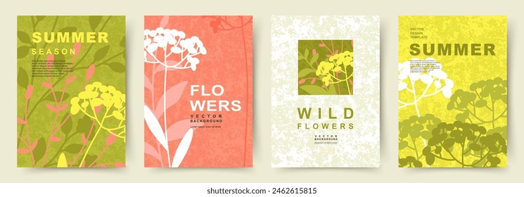 Summer bright backgrounds set with abstract wild flowers and leaves. Modern art minimalist style design templates. Vector illustration for branding, banner, cover, label, poster, sales, ads