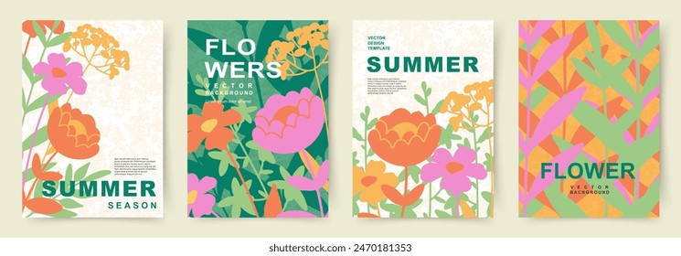 Summer bright backgrounds set with abstract flowers and leaves. Modern art minimalist style design templates. Vector illustration for card, branding, banner, cover, label, poster, sales, ads