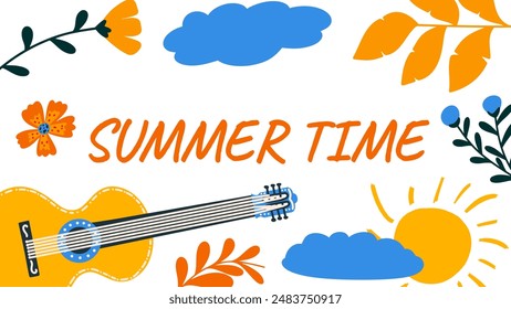 Summer bright banner with guitar, flowers, sun. Colorful vector season background. 