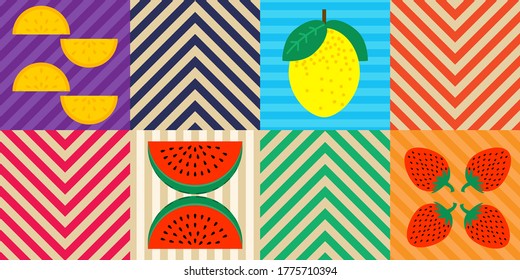 Summer bright banner with orange, watermelon, lemon and strawberries on a retro striped background. Summer sale bright background, holiday and fruit cocktail menu background.