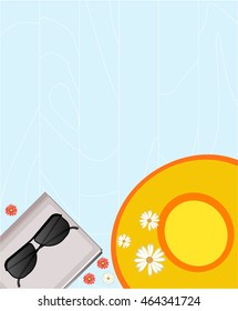 Summer bright banner - sunglasses, book, hat, colorful flowers, on a wooden blue background. Vector illustration