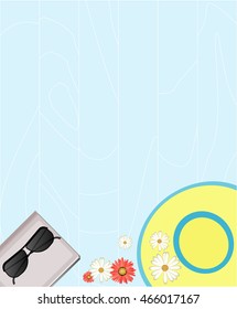 Summer bright banner - sunglasses, book, hat, colorful flowers, on a wooden blue background. Vector illustration