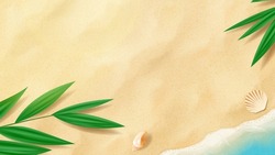 Summer Bright Banner Template. Vector Banner With Beach Sand, Tropical Plants, Seashells And Sea Waves. Vector 3d Ad Illustration For Promotion Of Summer Goods.