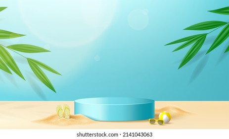 Summer bright banner template. Vector banner with 3d podium, tropical plants, sand, sunglasses, flip flops and inflatable ball. Vector 3d ad illustration for promotion of summer goods.