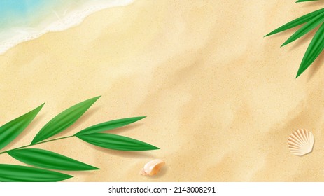 Summer bright banner template. Vector banner with beach sand, tropical plants, seashells and sea waves. Vector 3d ad illustration for promotion of summer goods.